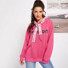 Shein Drop Shoulder Lettering Tie Neck Hoodie