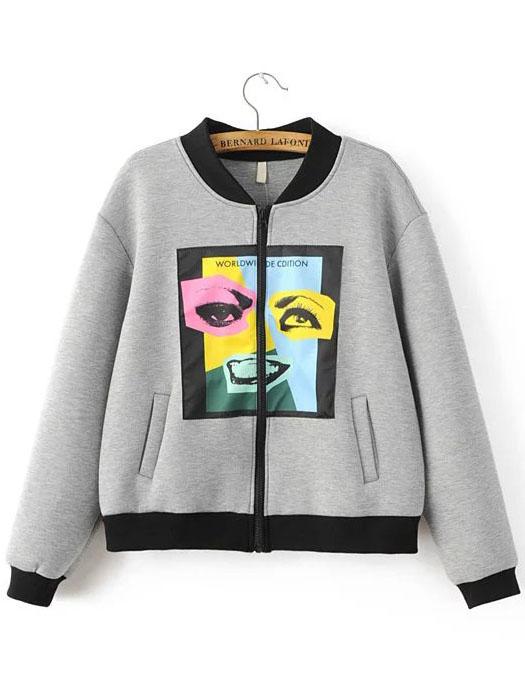 Shein Grey Face Print Contrast Trim Jacket With Pockets