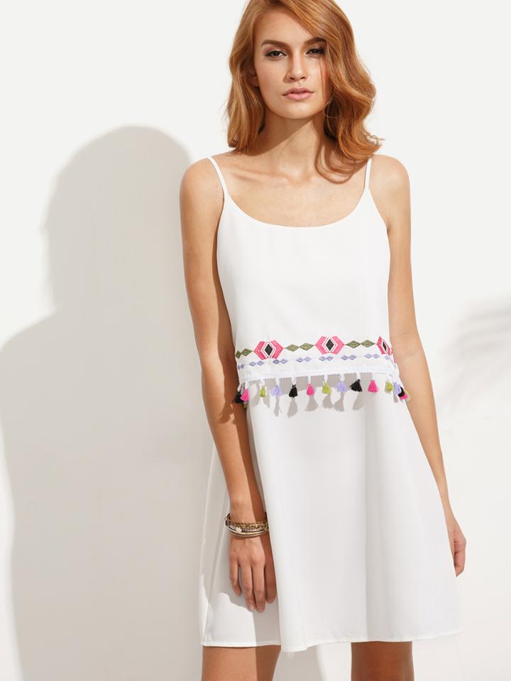 Shein White Embroidered Tassel Trim Spaghetti Strap Dress