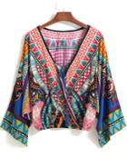 Shein Multicolor V Neck Tribal Print Crop Blouse