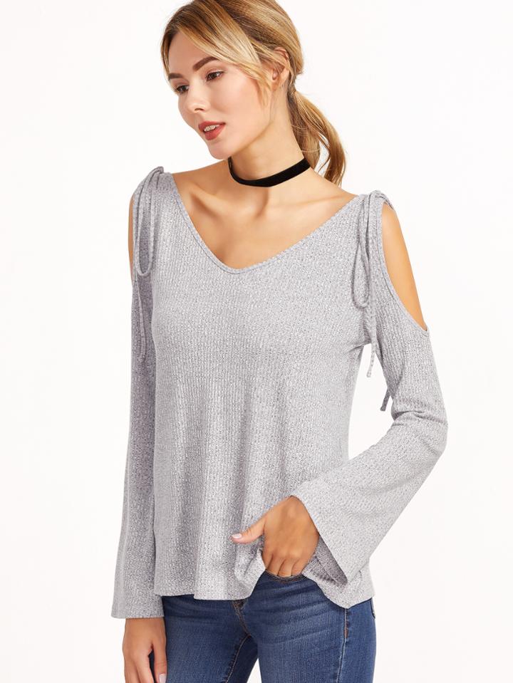 Shein Grey Marled Ribbed Knit Tie Cold Shoulder T-shirt