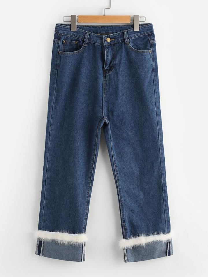 Shein Faux Fur Contrast Roll Hem Jeans