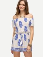 Shein Blue Print In White Off The Shoulder Jumpsuit