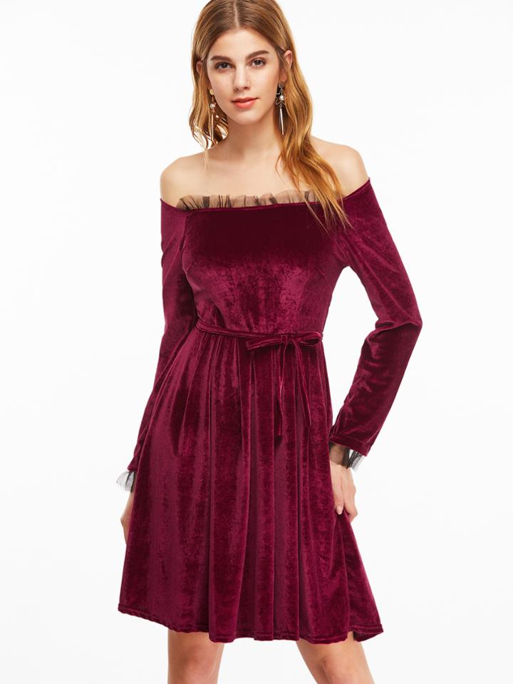 Shein Burgundy Off The Shoulder Contrast Mesh Velvet Dress