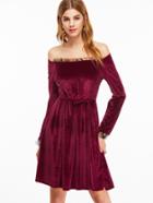 Shein Burgundy Off The Shoulder Contrast Mesh Velvet Dress