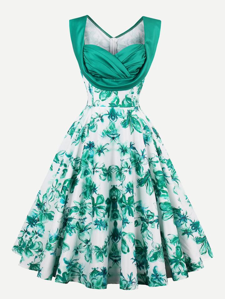 Shein Sweetheart Draped Neck Florals Swing Dress