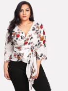 Shein Self Belted Surplice Wrap Floral Top
