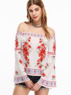 Shein White Florals Off The Shoulder Bell Sleeve Top