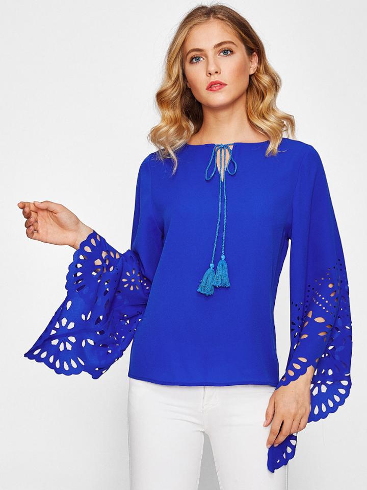 Shein Tasseled Tie Laser Cut Trumpet Sleeve Top