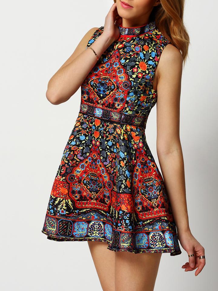 Shein Multicolor Mock Neck Aztec Print A-line Dress