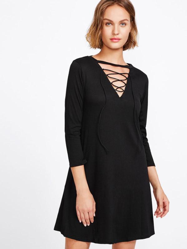Shein Lace Up Front Choker Neck Dress