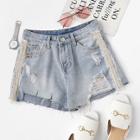 Shein Lace Contrast Bleach Wash Ripped Denim Shorts