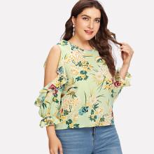 Shein Plus Open Shoulder Floral Print Top