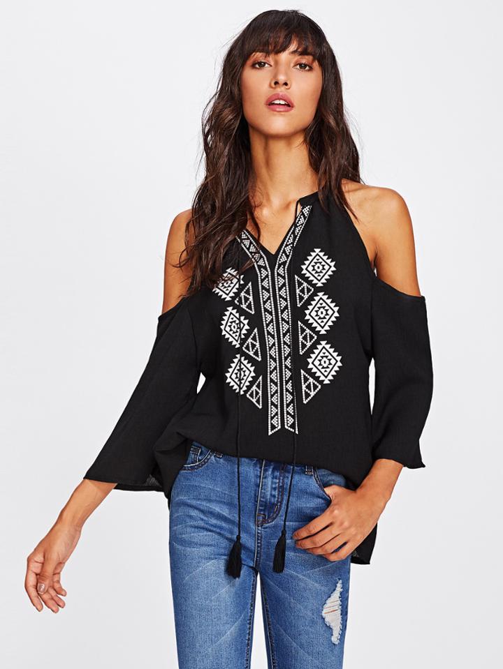 Shein Aztec Print Open Shoulder Tassel Tie Top