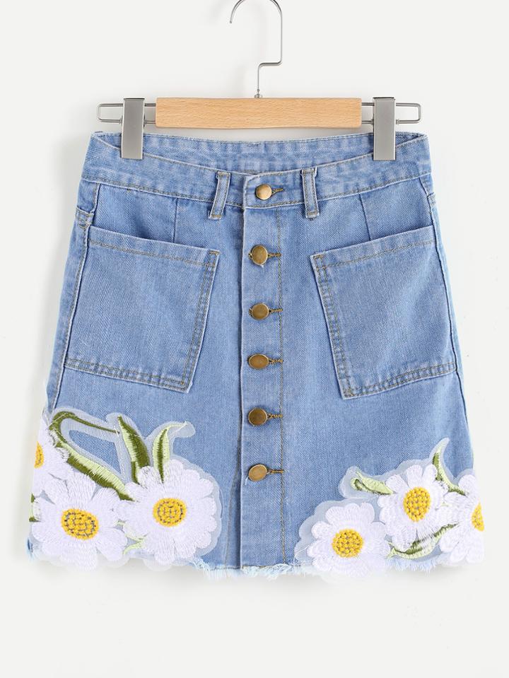 Shein Embroidered Appliques Single Breasted Denim Skirt