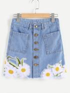 Shein Embroidered Appliques Single Breasted Denim Skirt