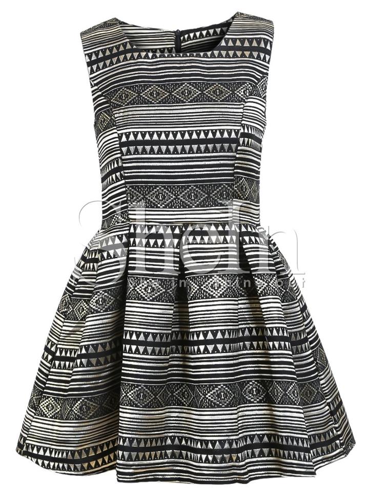 Shein Black Sleeveless Bleached Geometric Flare Dress