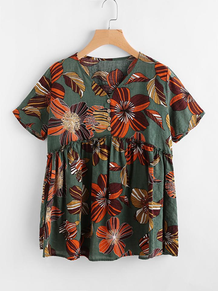 Shein Allover Flower Print Smock Blouse