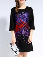Shein Black Round Neck Length Sleeve Embroidered Dress