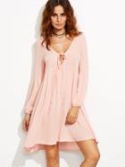 Shein Pink Deep V Neck Lace Up Lantern Sleeve Dress