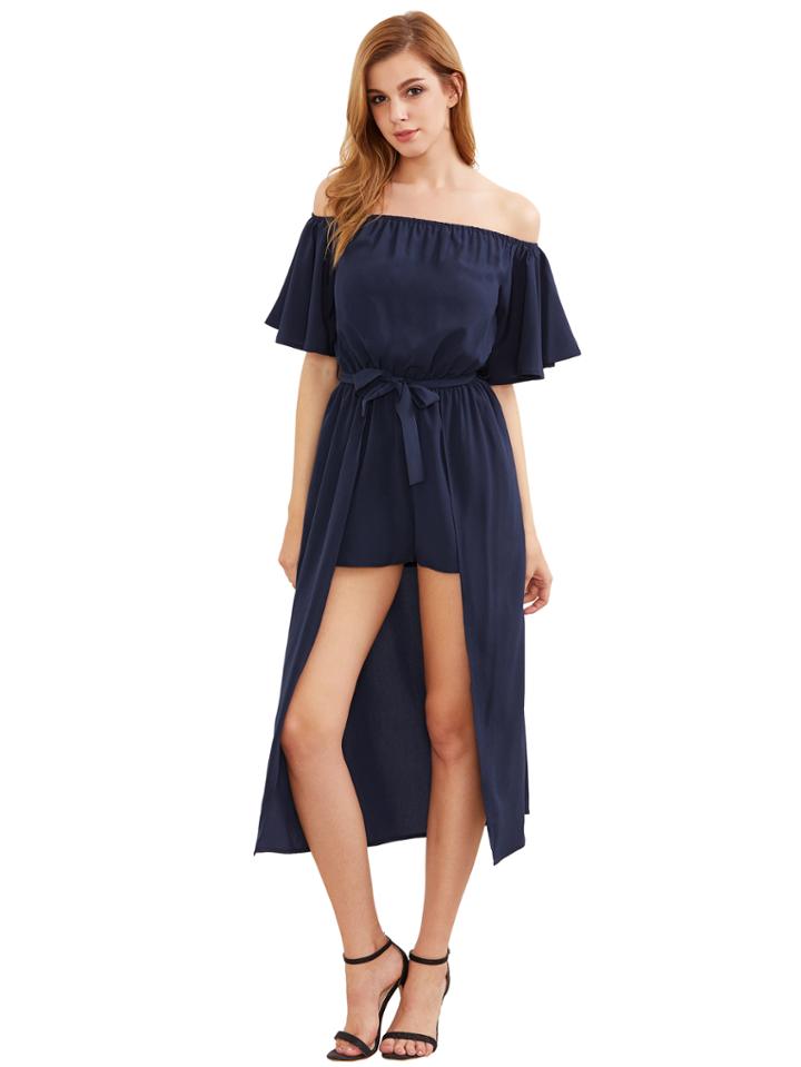 Shein Flounce Bardot Self Tie Playsuit With Skirt Overlay