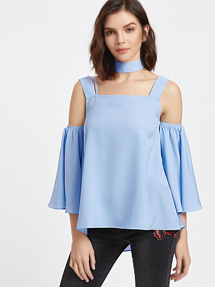 Shein Blue Cold Shoulder Bell Sleeve Swing Top With Neck Tie