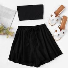 Shein Ribbed Bandeau Top & Tie Waist Shorts Pj Set