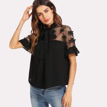 Shein Embroidered Mesh Yoke Ruffle Trim Top