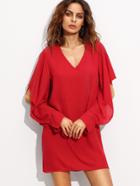 Shein Red V Neck Slit Sleeve Chiffon Dress