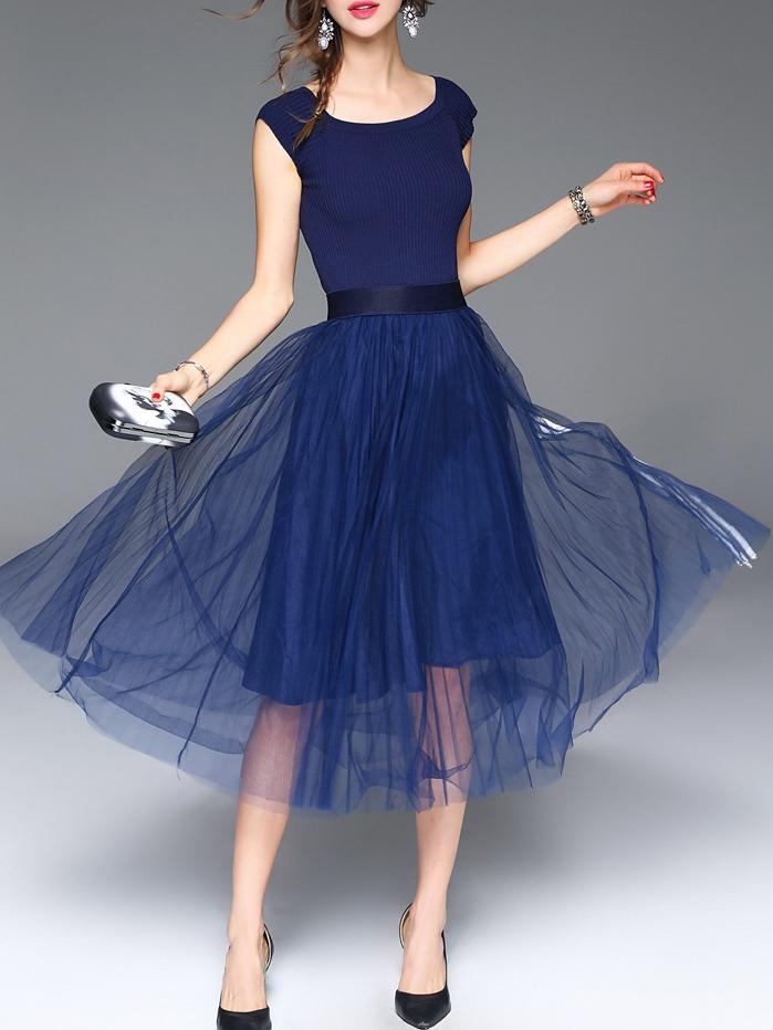 Shein Blue Striped Pleated A-line Dress