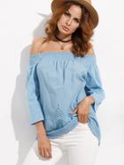 Shein Blue Hollow Off The Shoulder Three Quarter Sleeve Blouse