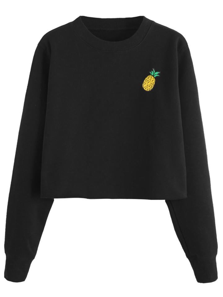 Shein Black Pineapple Embroidered Crop Sweatshirt