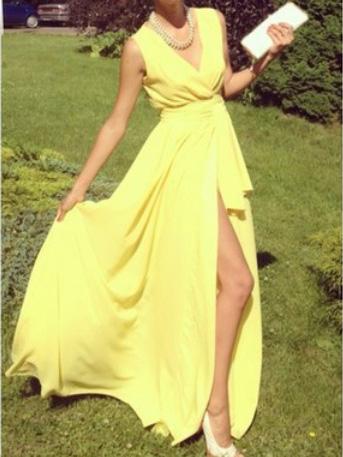 Shein Yellow V Neck Split Chiffon Maxi Dress
