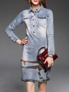 Shein Blue Lapel Print Denim Dress