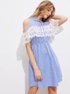 Shein Tie Neck Open Shoulder Lace Ruffle Trim Gingham Dress