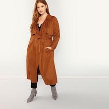 Shein Plus Self Tie Waist Longline Suede Coat