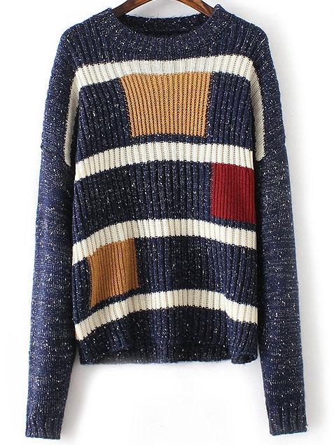 Shein Navy Geometric Pattern Drop Shoulder Knitwear