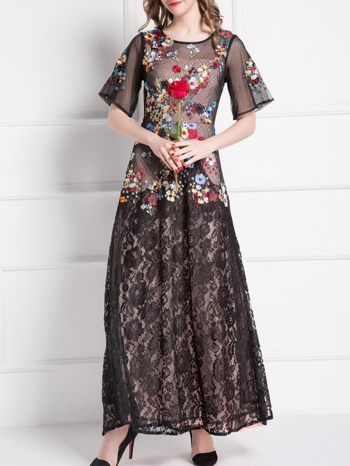 Shein Black Embroidered Lace Maxi Dress