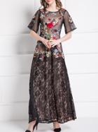 Shein Black Embroidered Lace Maxi Dress