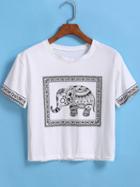 Shein White Short Sleeve Elephant Print Crop T-shirt