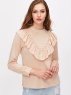 Shein Apricot Ruffle Beaded Trim Keyhole Back Blouse