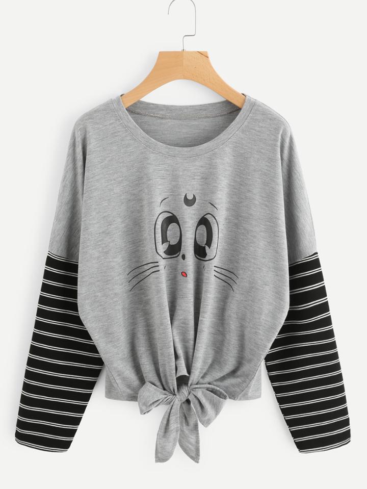 Shein Contrast Sleeve Graphic Print Sleeve Knot Front Tee