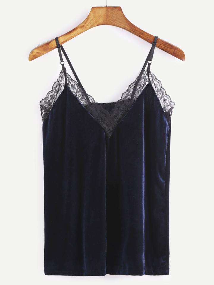 Shein Navy Lace Trim Velvet Cami Top
