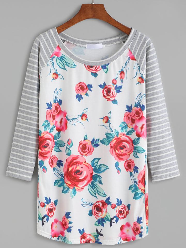 Shein Contrast Raglan Sleeve Flower Print Striped T-shirt