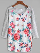 Shein Contrast Raglan Sleeve Flower Print Striped T-shirt