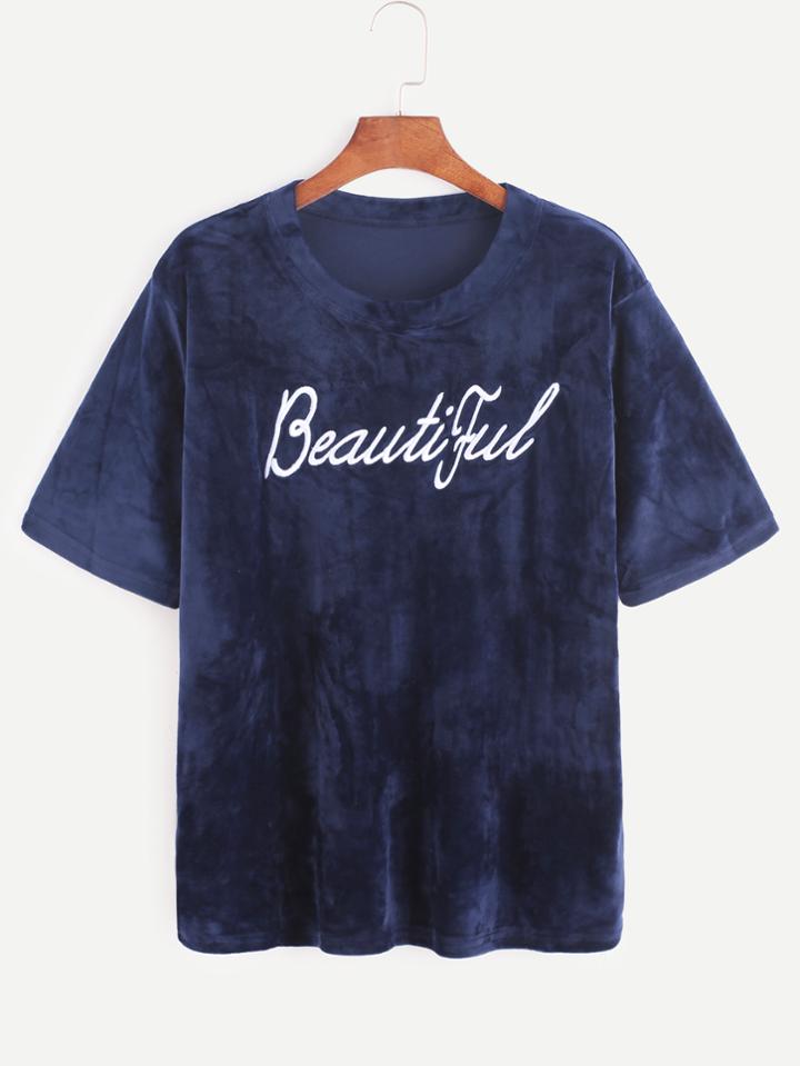 Shein Navy Letter Embroidered Velvet T-shirt