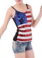 Rosewe Black Back American Flag Print Sequined Camisole