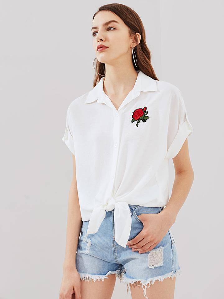 Shein Rose Patch Cuffed Sleeve Knot Front Dolman Blouse