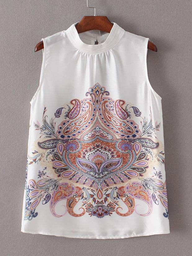 Shein White High Neck Sleeveless Printed Blouse