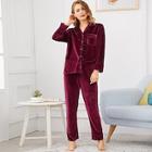 Shein Contrast Binding Button Up Velvet Pajama Set